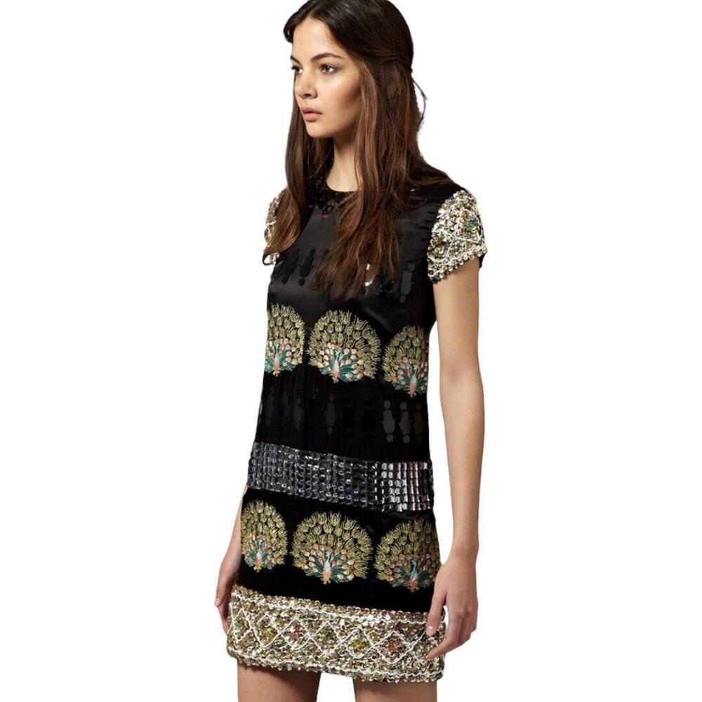Manoush Black Beaded Sequin Peacock Shift Dress Size 4